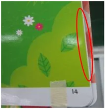 Uneven page edges. The narrow ellipse identifies the misaligned page edges.