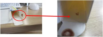 Blood stains: overview and detail. The source identifies the marks as blood stains. The circle and arrow connect the carton location to the close-up.