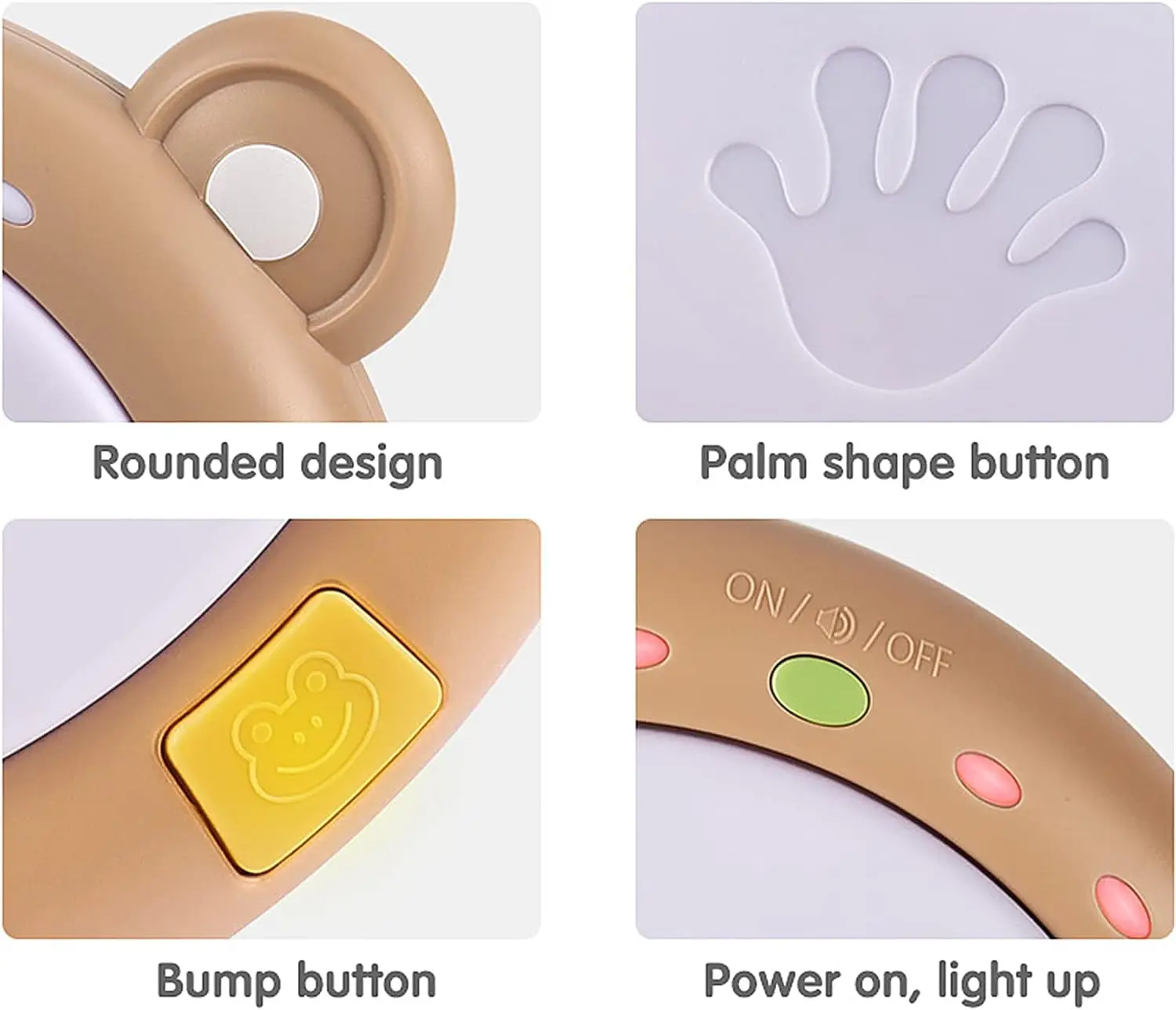 Drum details showing rounded design, palm-shaped pads, raised button, and indicator lights