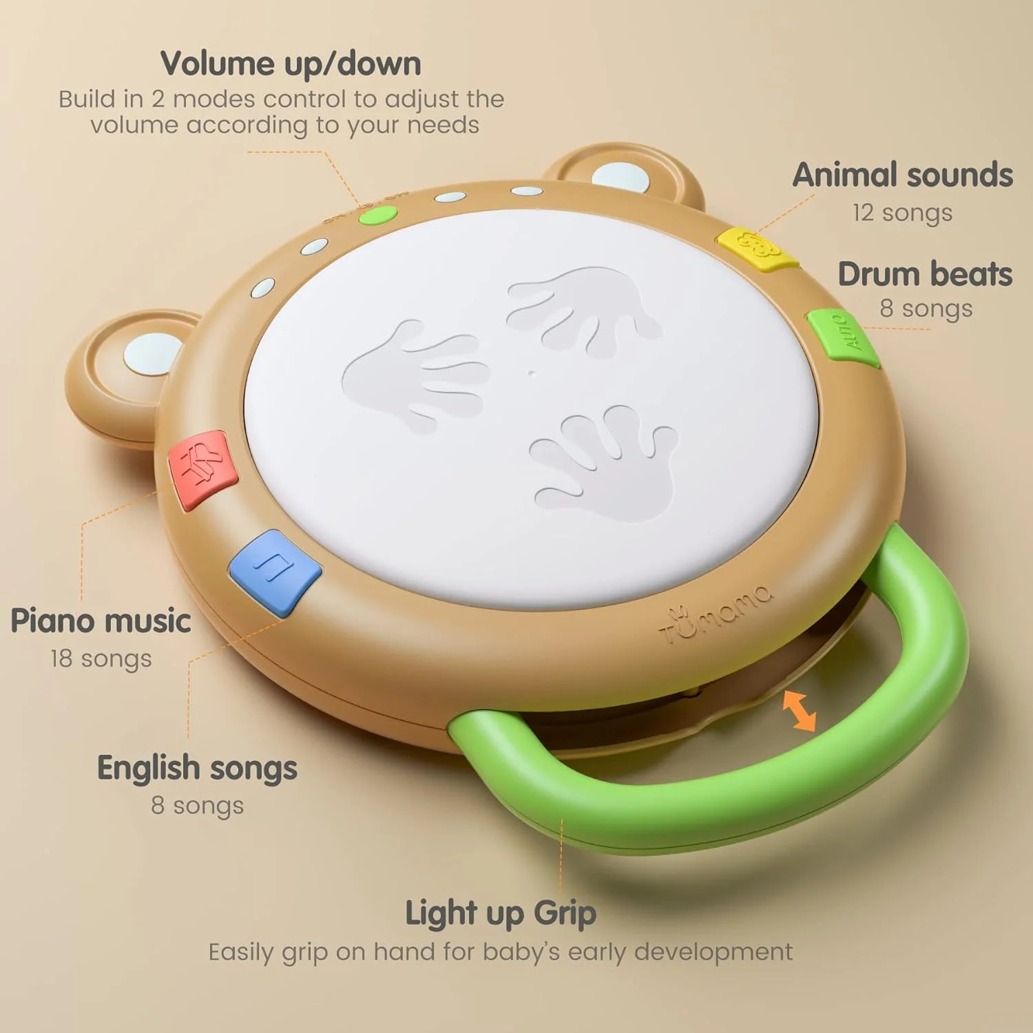 Drum features: two volume levels, animal sounds, drum beats, piano music, English songs, and light-up grip