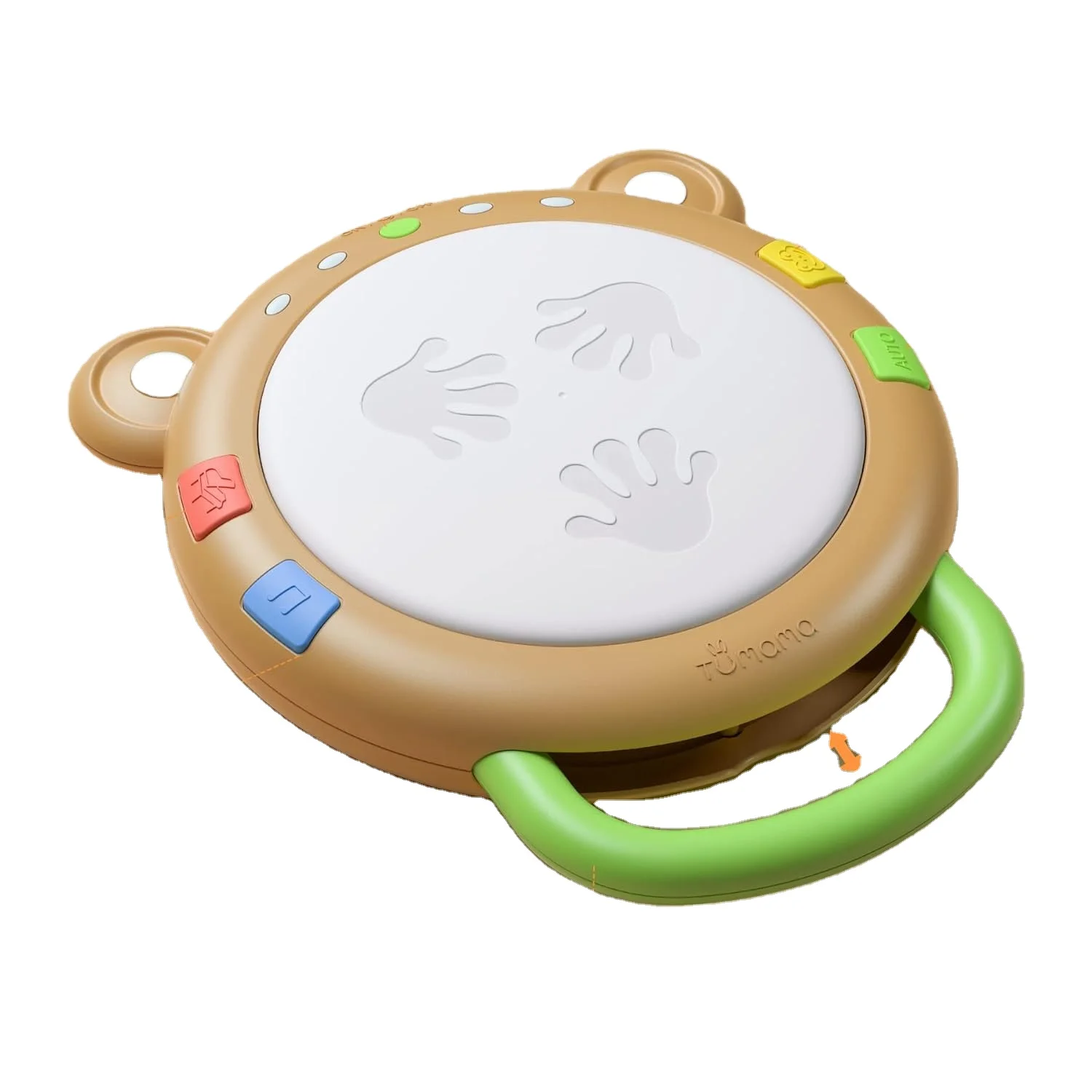 Baby musical light-up drum with palm-shaped pads and green handle