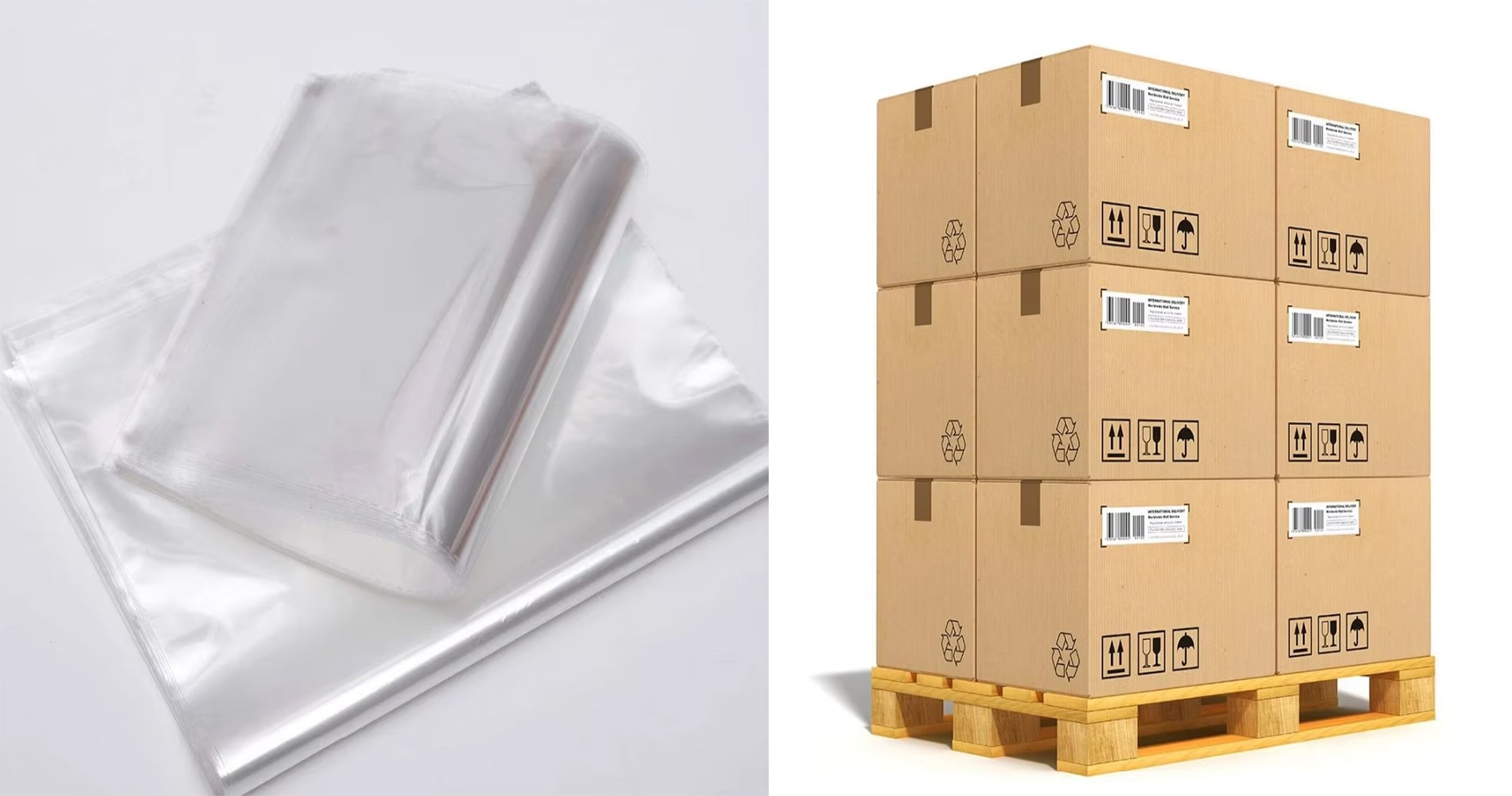 OPP bags and shipping cartons stacked on a wooden pallet