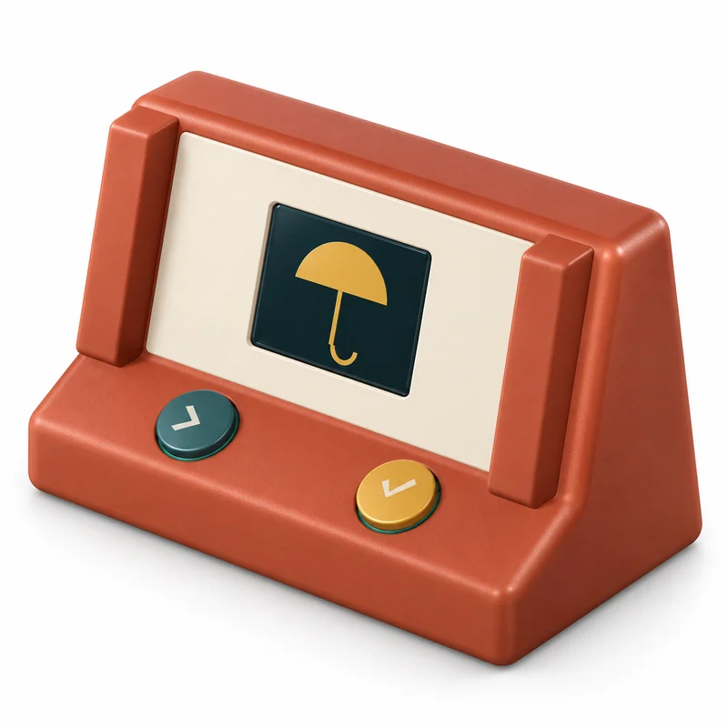 Digital concept rendering of Say Island, a tabletop picture guessing game with a single-facing screen and two buttons. Not a physical prototype.