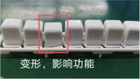 A pink rectangle marks one distorted white key in a row, identified as affecting functionality.